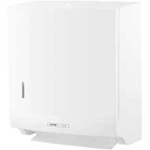 The CWS ParadiseLine Paper Slim folded paper towel dispenser, white, with push button impresses with its slim, rectangular design. The CWS logo is visible at the front and a paper sheet protrudes at the bottom for hygienic operation.