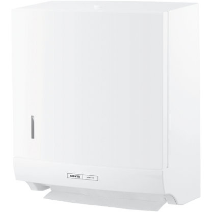 The CWS ParadiseLine Paper Slim folded paper towel dispenser, white, with push button impresses with its slim, rectangular design. The CWS logo is visible at the front and a paper sheet protrudes at the bottom for hygienic operation.