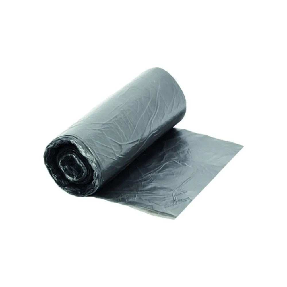 A partially unrolled CWS gray poly bag from CWS lies on a white background, highlighting the texture and durable polyethylene material of the bag.