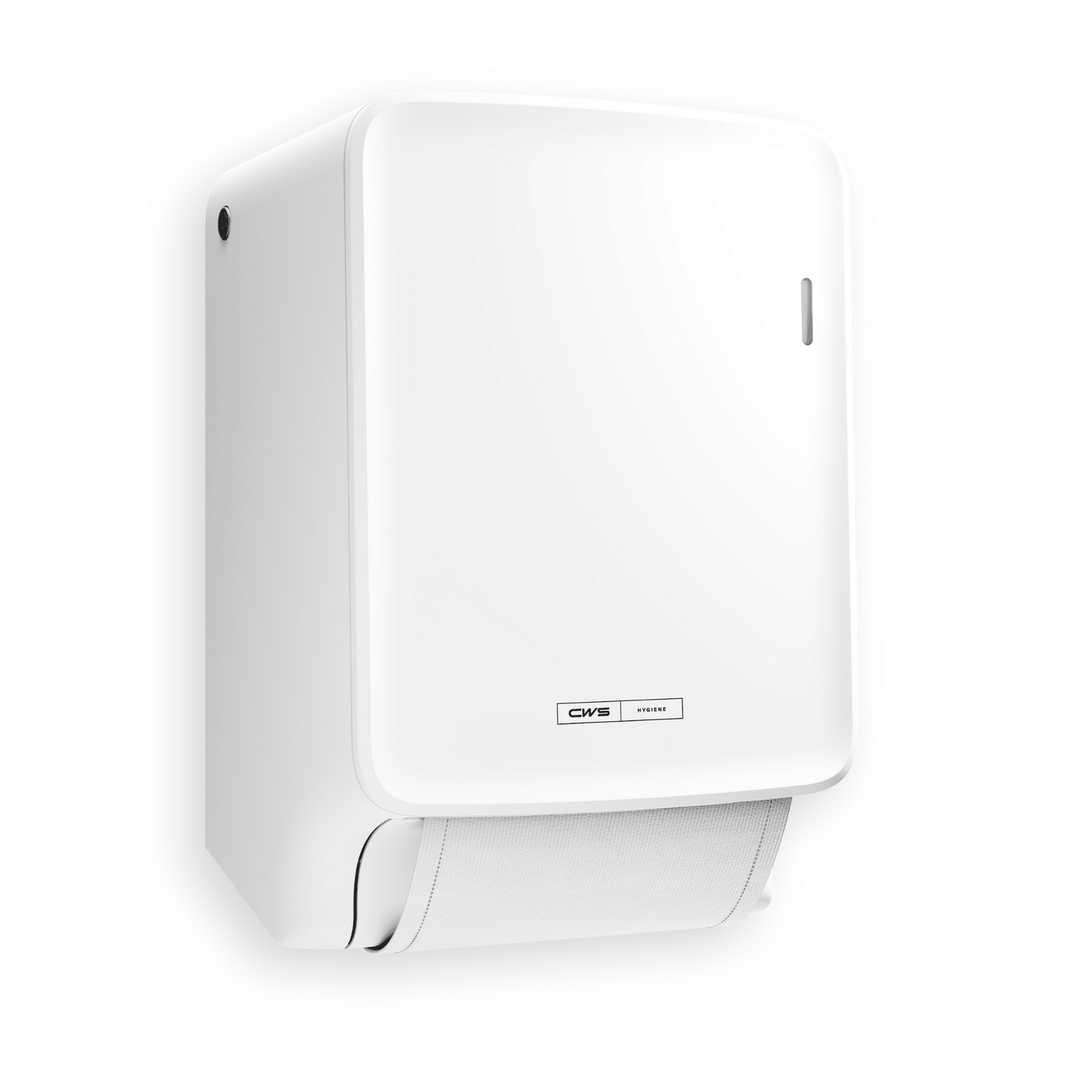 The CWS PureLine Dry fabric towel dispenser white from CWS is a white wall dispenser with a front cover, a small viewing slot, and a visible towel roll at the bottom, promoting hygiene. With logo and label on the front. Packaging: 1 piece.