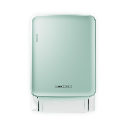 The CWS PureLine Dry | Pack (1 piece) is a sleek, rectangular, mint green paper towel dispenser with a minimalist design, featuring a visible stack of white towels and a small metal label at the bottom edge.