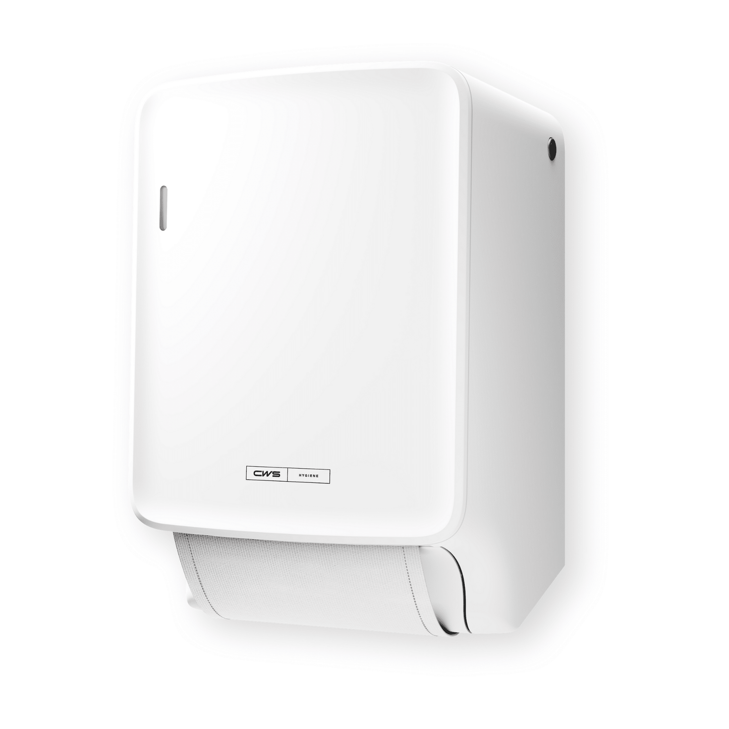 The CWS PureLine Dry fabric towel dispenser white from CWS is a white wall towel dispenser with a simple, minimalist design and visible towel sheet - ideal for promoting hygiene in any environment.