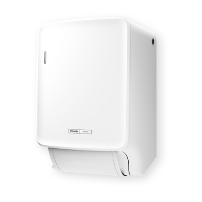 The CWS PureLine Dry fabric towel dispenser white from CWS is a white wall towel dispenser with a simple, minimalist design and visible towel sheet - ideal for promoting hygiene in any environment.
