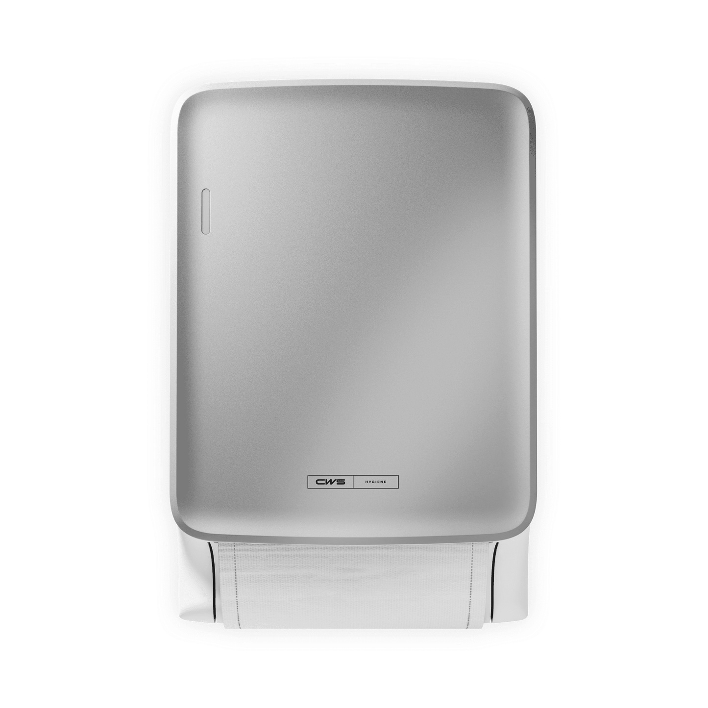 The CWS PureLine Dry from CWS is a silver, wall-mounted dispenser with a small logo near the base. It dispenses individual sheets of white paper towels and promotes hygiene through its simple, sustainable design against a plain background.