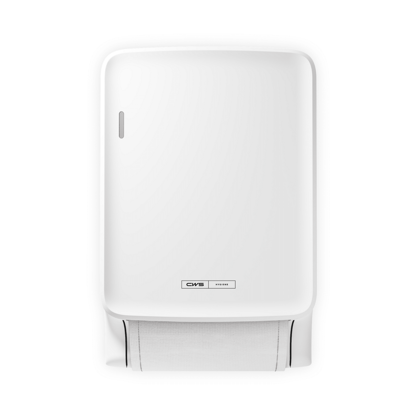 The CWS PureLine Dry fabric towel dispenser white (1 piece) from CWS is a white wall dispenser with a visible hanging towel and a small brand label on the front, ensuring optimal hygiene.