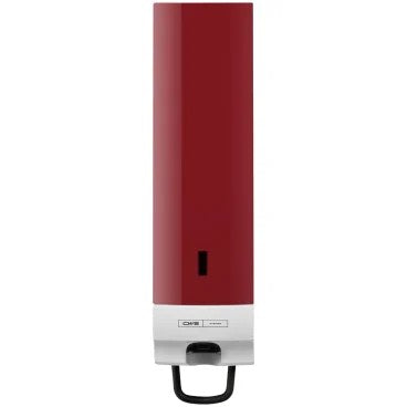 The CWS front panel for Foam Slim Non-Touch soap foam dispensers is a red and white, wall-mounted soap foam dispenser with a visible push lever at the bottom for easy dispensing.