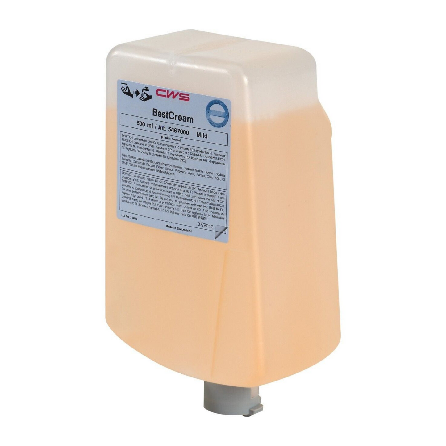 The CWS soap cream BestCream Mild is delivered in a 500 ml refill pack for easy refilling, with a practical dosing nozzle at the bottom and a clear label for instructions and product details.
