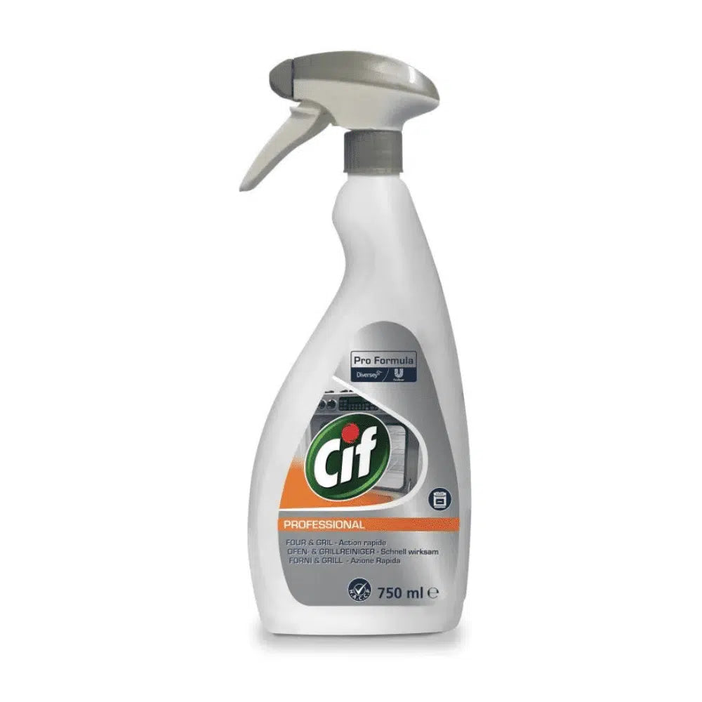 A 750 ml bottle of Cif Professional Oven and Grill Cleaner from Diversey Deutschland GmbH & Co. OHG. The white bottle with a gray spray nozzle features a label with a clean oven and grill, emphasizing the cleaner's effectiveness in removing grease and cleaning kitchen appliances.