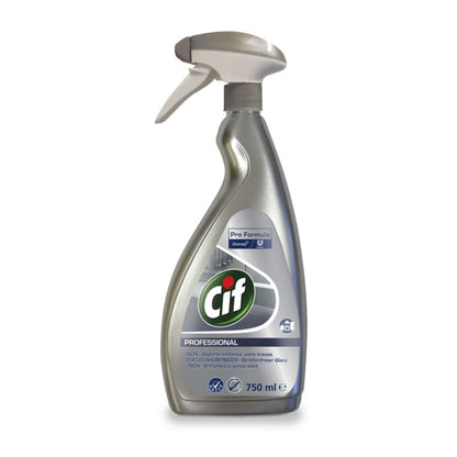 A 750 ml spray bottle with Cif Professional Stainless Steel Cleaner, designed for cleaning and protecting stainless steel surfaces, features a sleek gray and white design. The label clearly displays the Cif logo along with "Pro Formula" by Diversey Deutschland GmbH & Co. OHG. With a spray nozzle, it is ideal for professional applications.