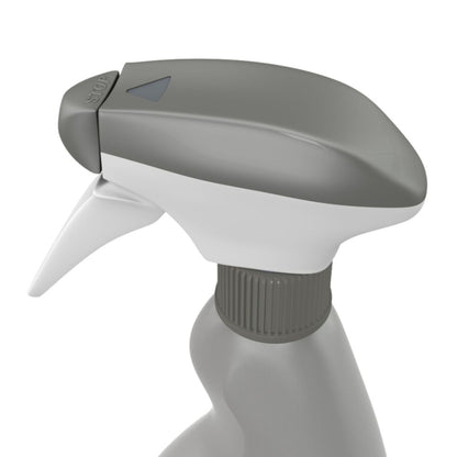 Close-up of a gray and white spray bottle trigger, perfect for professional use. The nozzle is marked with a "Stop" label and features a triangular indicator as well as a ribbed neck for better grip. Against a plain white background, it is ideal for use with the Cif Professional Stainless Steel Cleaner, cleans and protects stainless steel surfaces (750 ml) by Diversey Deutschland GmbH & Co. OHG.