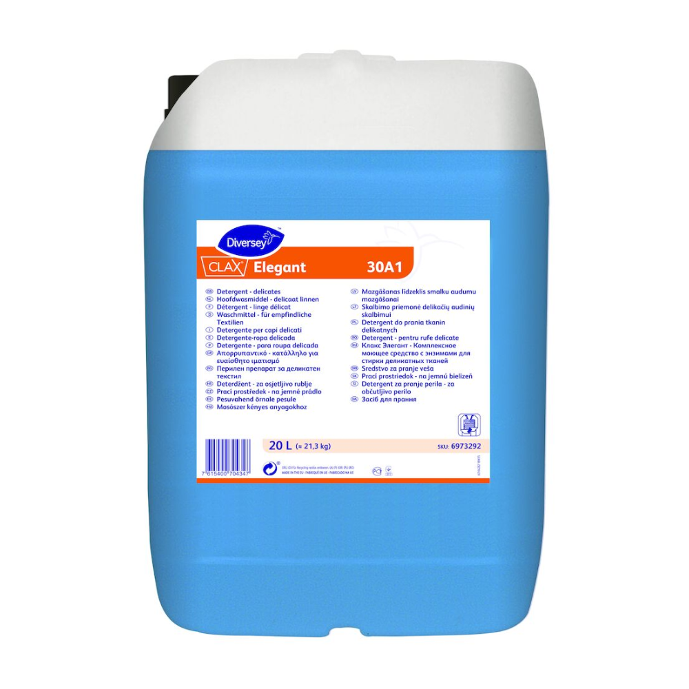 The blue-white canister with the inscription “Clax Elegant 30A1” from Diversey Deutschland GmbH & Co. OHG is an enzymatic liquid detergent for commercial laundries, suitable for delicate textiles. The 20-liter container includes detailed product information, application instructions, and a barcode on the bottom.