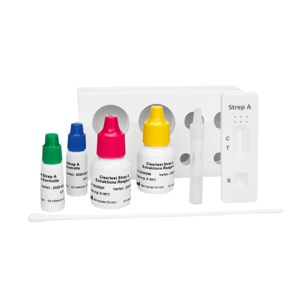 On a white surface lies the Cleartest Strep-A cassette test kit from Servoprax GmbH, which contains four colored solution bottles, a cassette test labeled "Strep A", a swab, and a tube. This comprehensive set provides accurate results for testing Group A streptococci conveniently from home.