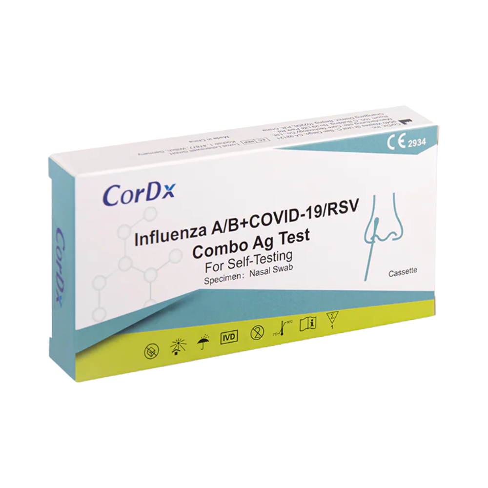 A rectangular box labeled “CorDx 4 in 1 Layman Antigen Combo Test RSV Viruses + Corona COVID-19 + Influenza A + B | Package (1 Test)”, designed for self-testing with a nasal swab. The box contains symbols with various information and certifications, an illustration of a nasal swab procedure, and highlights the test's ability to detect RSV antigen and SARS-CoV-2.