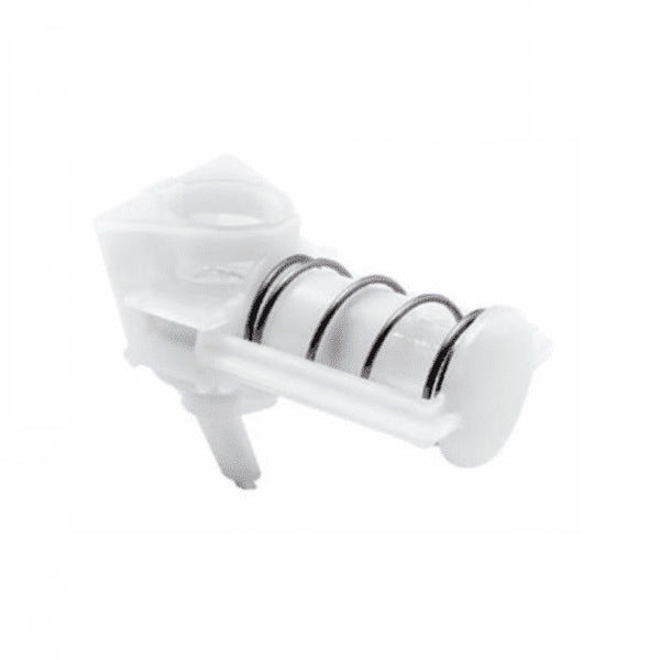 A white spring-loaded valve made of plastic and metal with two O-rings, a spare part for the 1ml liquid pump for bulk dispensers (Diversey Deutschland GmbH & Co. OHG), standard in Soft Care bulk dispensers, shown against a plain white background.