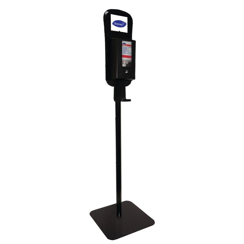 A height-adjustable, black stand column from Diversey Deutschland GmbH & Co. OHG for hybrid dispensers with a rectangular base, foot pedal, and a CleanPro container placed on top.