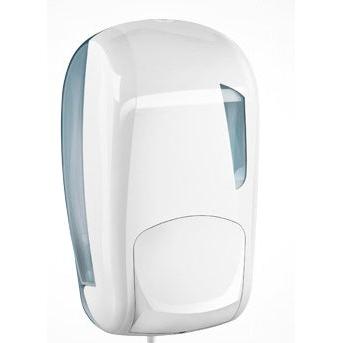 The Soft Care dispenser from Diversey Deutschland GmbH & Co. OHG is a white, wall-mounted plastic dispenser for disinfectants or liquid soap, with a transparent side wall and a large push area for easy operation.
