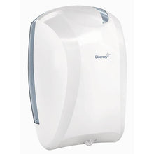 A white/translucent plastic paper roll holder with internal unwinding (35.2 x 24.3 x 24 cm) from Diversey Germany. Wall-mounted, modern design, dispenser for wipes with visible dispensing slot. Package: 1 piece.