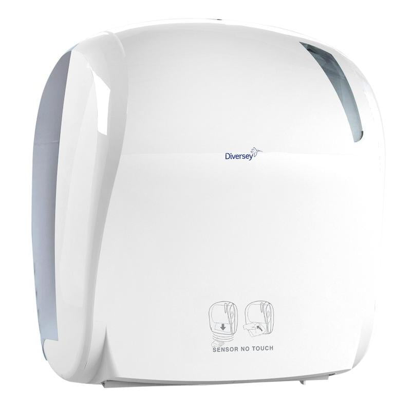 A white Diversey Deutschland GmbH & Co. OHG electric towel roll dispenser - autocut features a "Sensor No Touch" label, simple pictogram instructions, a glossy surface, automatic cutting, and a window to display the towel status.