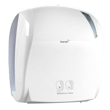 A white Diversey Deutschland GmbH & Co. OHG electric towel roll dispenser - autocut features a "Sensor No Touch" label, simple pictogram instructions, a glossy surface, automatic cutting, and a window to display the towel status.