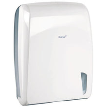 The Diversey fold towel dispenser V-fold made of white plastic (41x32x14.1 cm) with a viewing window offers hygienic towel removal and fits paper D7524796/D7524331. Ideal for wall mounting, 1 piece.