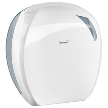 The toilet paper jumbo roll holder Maxi by Diversey Germany (white/transparent, plastic, 355x348x136 mm) is a modern wall dispenser for jumbo toilet paper rolls Maxi - practical and with a viewing window, ideal for any toilet.