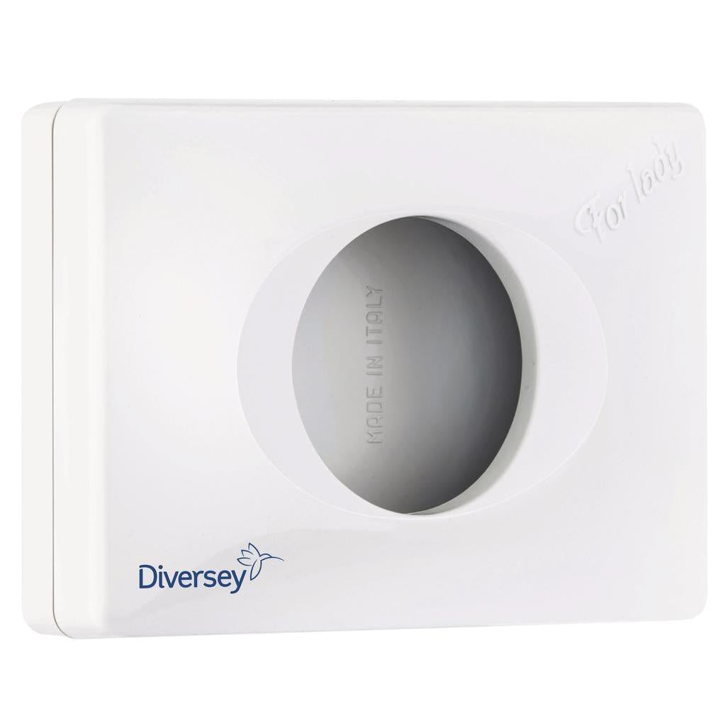 The hygiene bag dispenser made of white plastic (95x135x32 mm) from Diversey Deutschland GmbH & Co. OHG is ideal for public sanitary rooms, with an oval opening and "MADE IN ITALY" imprint inside the opening.