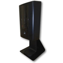 The Diversey IntelliCare Table Stand (1 piece) from Diversey Deutschland GmbH & Co. OHG features a sleek table design with a transparent front panel, which is ideal for securely holding automatic hand sanitizer dispensers on flat surfaces.