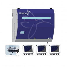 The DF10M (IoC) 6 pump main unit from Diversey Deutschland GmbH & Co. OHG is a blue-gray, wall-mounted dosing system with a logo, control modules, and a component with four valves for up to 8 washing machines in laundries.