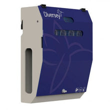 The DF5M (IOC) main unit from Diversey Germany is an intelligent, wall-mounted dosing system with a blue front panel, window slot, and symbols - ideal for in-house laundries (max. 4 machines/products).