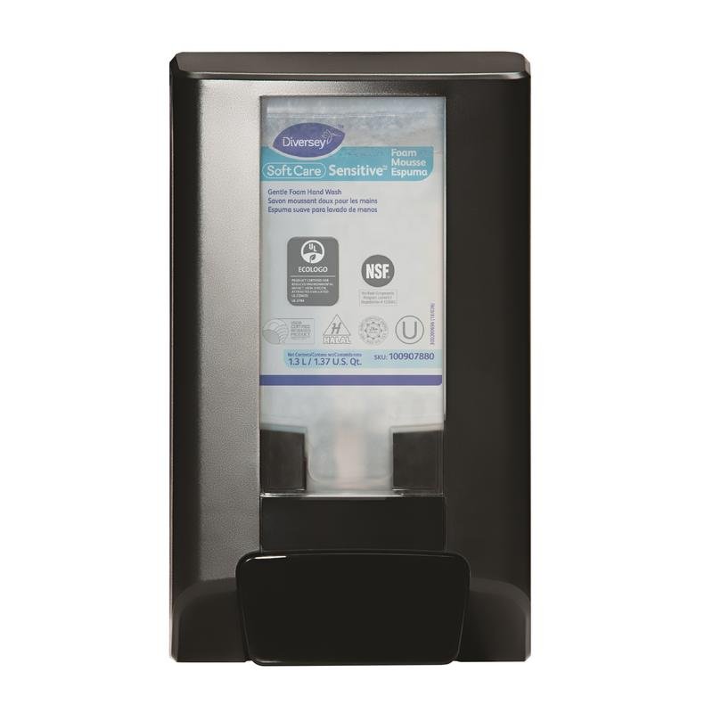 A black wall-mounted IntelliCare manual dispenser 1 piece from Diversey Deutschland GmbH & Co. OHG dispenses "Soft Care Sensitive Foam" from a refill pouch with visible product information and certification logos for hygienic use on the front.