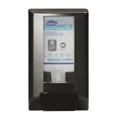 A black wall-mounted IntelliCare manual dispenser 1 piece from Diversey Deutschland GmbH & Co. OHG dispenses "Soft Care Sensitive Foam" from a refill pouch with visible product information and certification logos for hygienic use on the front.