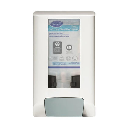A white IntelliCare manual dispenser 1 piece from Diversey Deutschland GmbH & Co. OHG, wall-mounted with product information and certification logos, ensures hygienic use and features a translucent area for liquid soap visibility.