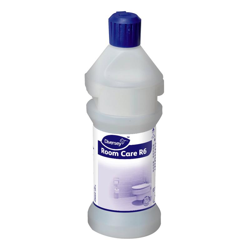 The Room Care R6 Plus Bottle, empty from Diversey Deutschland GmbH & Co. OHG with a blue cap and white-blue label is seen against a white background - ideal for any cleaning system.
