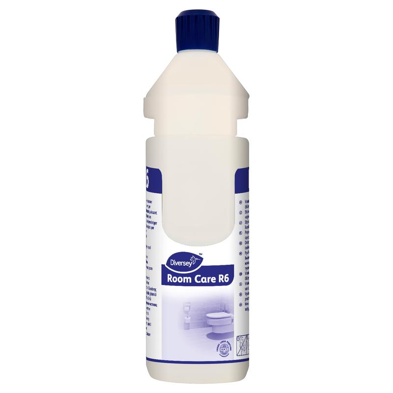 The white, reusable "Room Care R6 Plus Bottle, empty" from Diversey Deutschland GmbH & Co. OHG has a blue cap and a blue-white label that stands upright and is printed - ideal for any cleaning system.