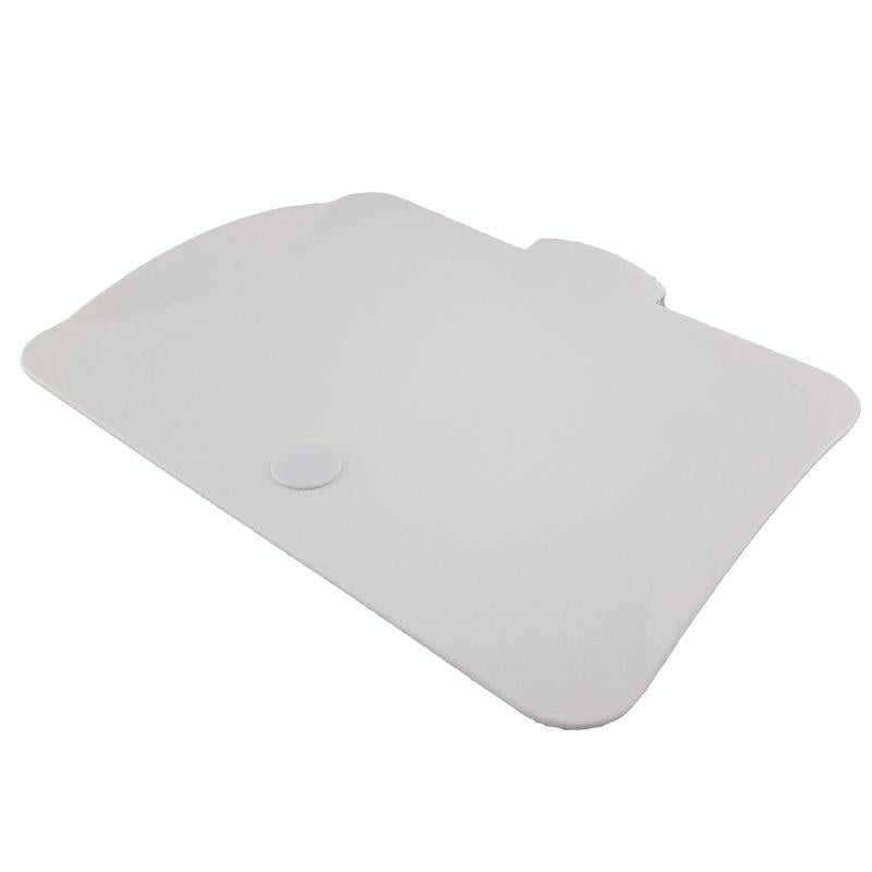 A robust, white, rectangular plastic lid with rounded corners, a central round button, and a side notch resembles the TASKI lid for wipe boxes from Diversey Deutschland GmbH & Co. OHG. The background is solid white.