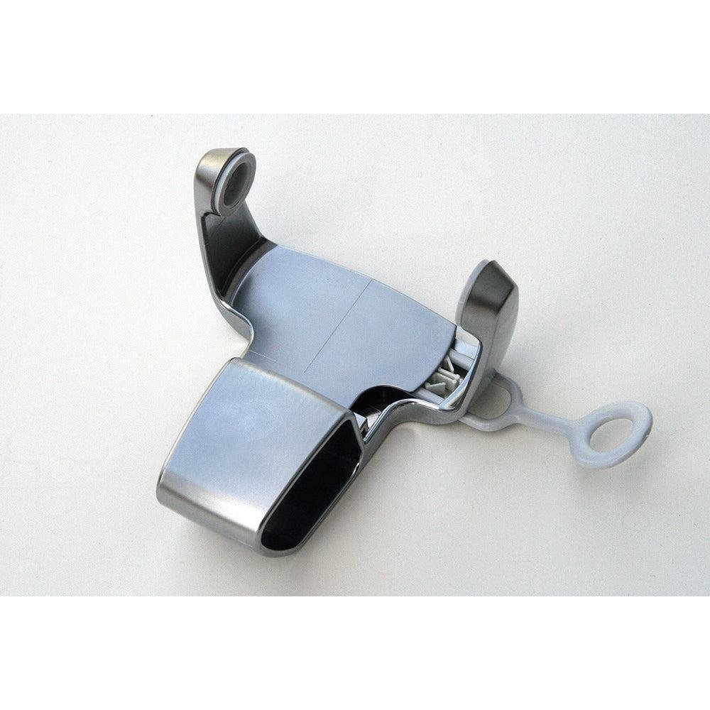 A close-up of the SC Sensations wall mount chrome finish by Diversey Deutschland GmbH & Co. OHG, a metal bracket with hinges and a plastic handle, depicted on a simple white background; suitable for all new installations.