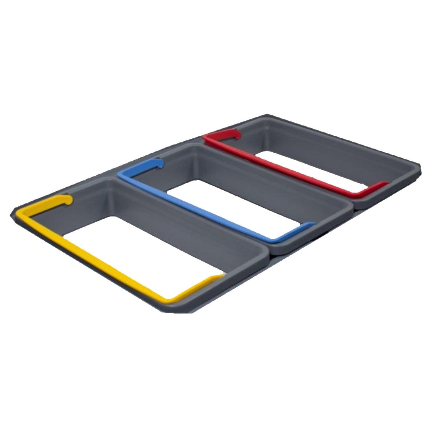 Three gray Di Protect Triple Waste Separation from Diversey, for TASKI Protect Trolley, are side by side with yellow, blue, and red edges (from left to right) on a white background. Package contains 1 piece.