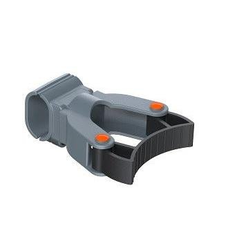 A 3D-rendered image of the Di Protect Oval Handle Holder (1 pc., Diversey Deutschland GmbH & Co. OHG), an oval handle holder for the TASKI Protect Trolley, designed for cleaning tasks - gray plastic with orange accents and ribbed grip.