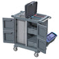 The DI PROTECT TROLLEY SMALL from Diversey Deutschland GmbH & Co. OHG is a compact, enclosed gray cleaning cart with shelves, containers, a removable side container, and four wheels for optimal protection and organization. Package: 1 piece.