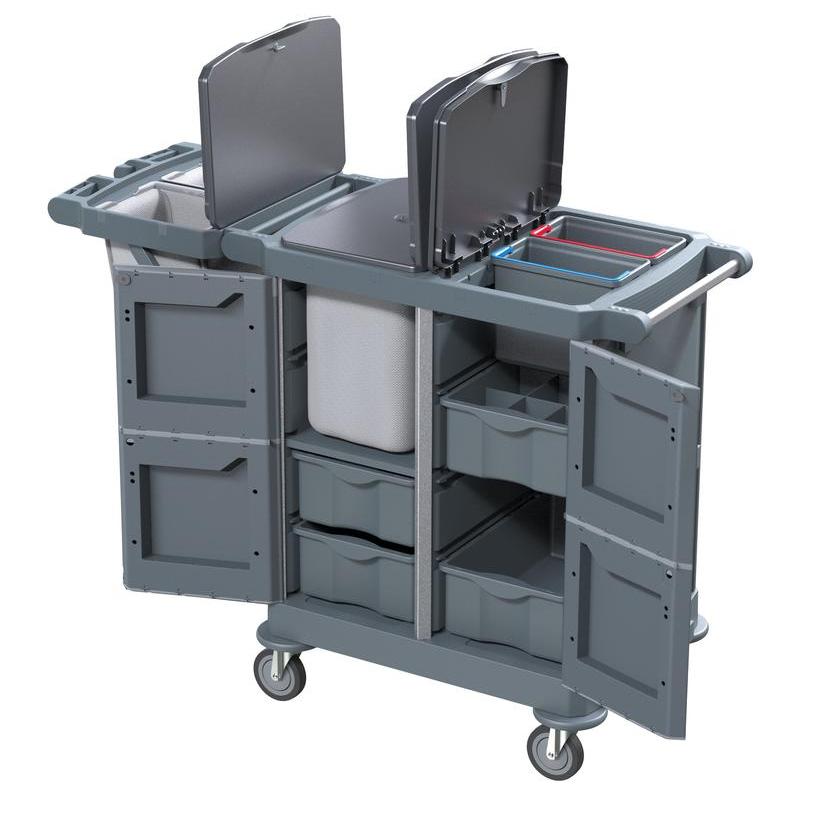 The DI PROTECT TROLLEY LARGE from Diversey Deutschland GmbH & Co. OHG is a large, enclosed cart (1 piece) with multiple shelves, two lid containers, a central bag section, and four wheels for safe mobility during daily cleaning tasks.