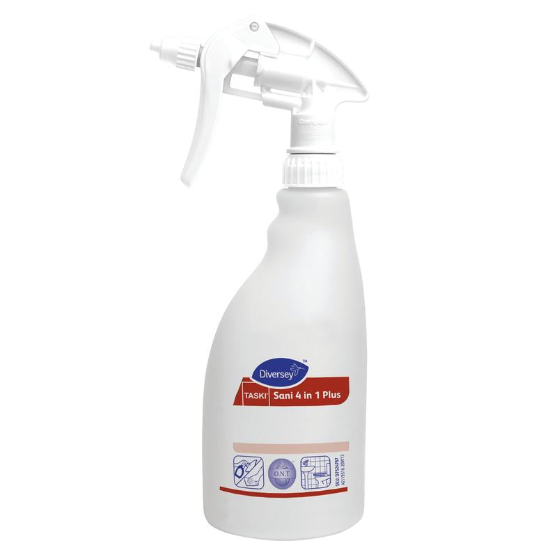 The white 500 ml trigger spray bottle "Sani 4 in 1 Plus" from Diversey Deutschland GmbH & Co. OHG with foam trigger, blue and red design, symbols for cleaning and disinfection, and is available as a refill bottle (1 piece).