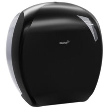 The toilet paper jumbo roll holder Maxi from Diversey Deutschland GmbH & Co. OHG is a black dispenser with a transparent right side and logo in the center - ideal for commercial sanitary areas. Pictured against a white background.