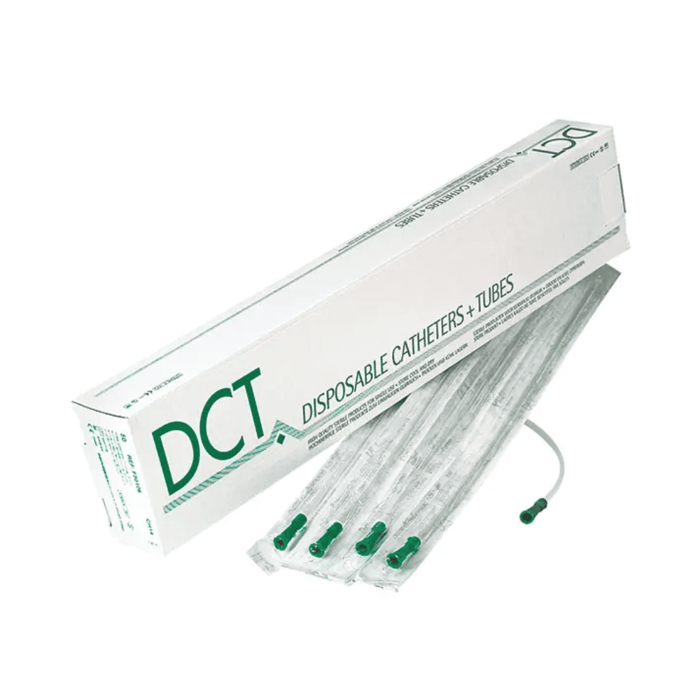 Image of a box labeled “DCT suction catheter straight, 53 cm length, CH 18 – 50 pieces” from Servoprax GmbH. Several individually packaged catheters are partially pulled out, showing their green tips. The box is white with green text and indicates that each catheter is sterile packaged.