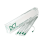 Image of a box labeled “DCT suction catheter straight, 53 cm length, CH 18 – 50 pieces” from Servoprax GmbH. Several individually packaged catheters are partially pulled out, showing their green tips. The box is white with green text and indicates that each catheter is sterile packaged.