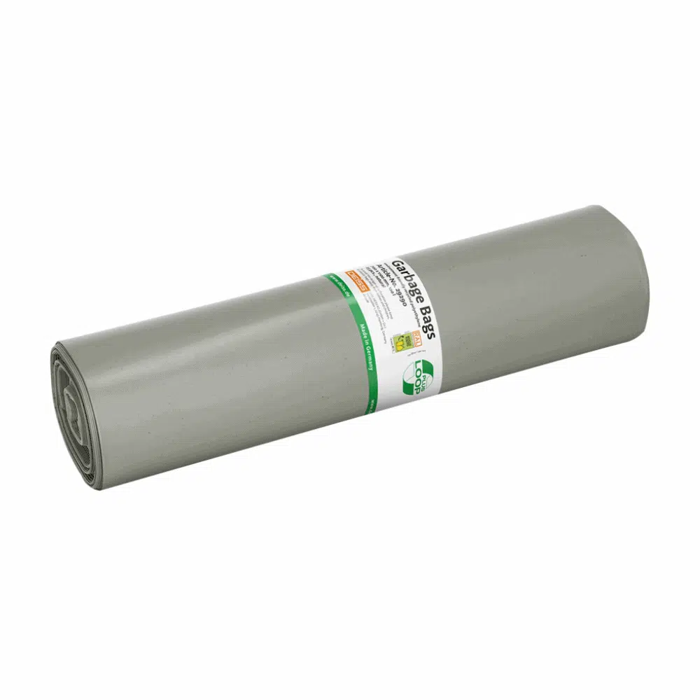 The DEISS LOOP PLUS trash bags 29290, a 120-liter gray plastic tarp from the brand EMIL DEISS KG (GmbH + Co.), are marked with texts and symbols in striking green and black markings. The cylindrical tarp is made from recycled material and adheres to the principles of the circular economy, making it versatile in use.