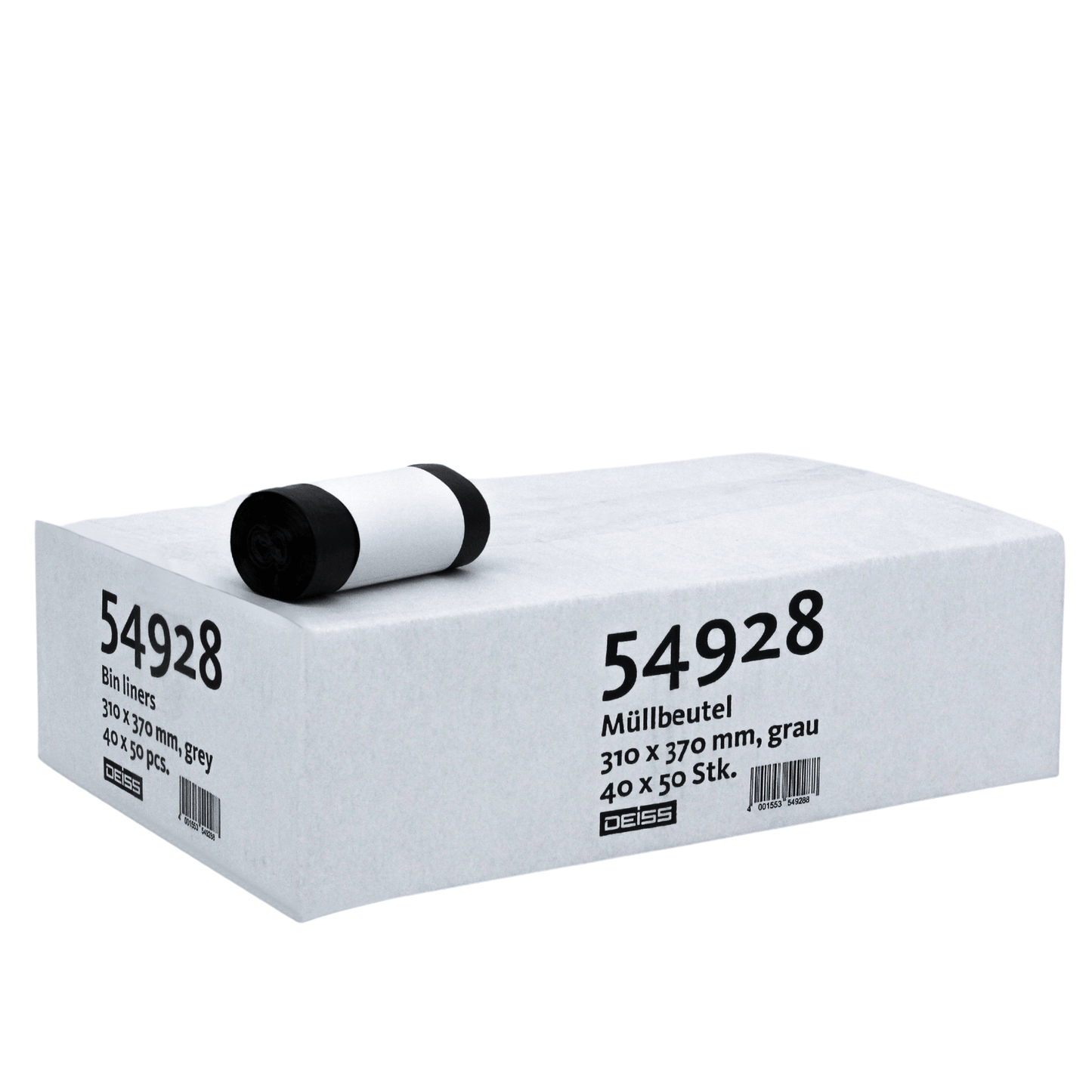 On a box with gray garbage bags from the brand EMIL DEISS KG (GmbH + Co.) with a roll on top, the product details are labeled: “6 liters tear-resistant with 10-20% recycled content, 310 x 370 mm, gray, 40 x 50 pcs.” and “30 x 39”, “30 pcs.” in black text.