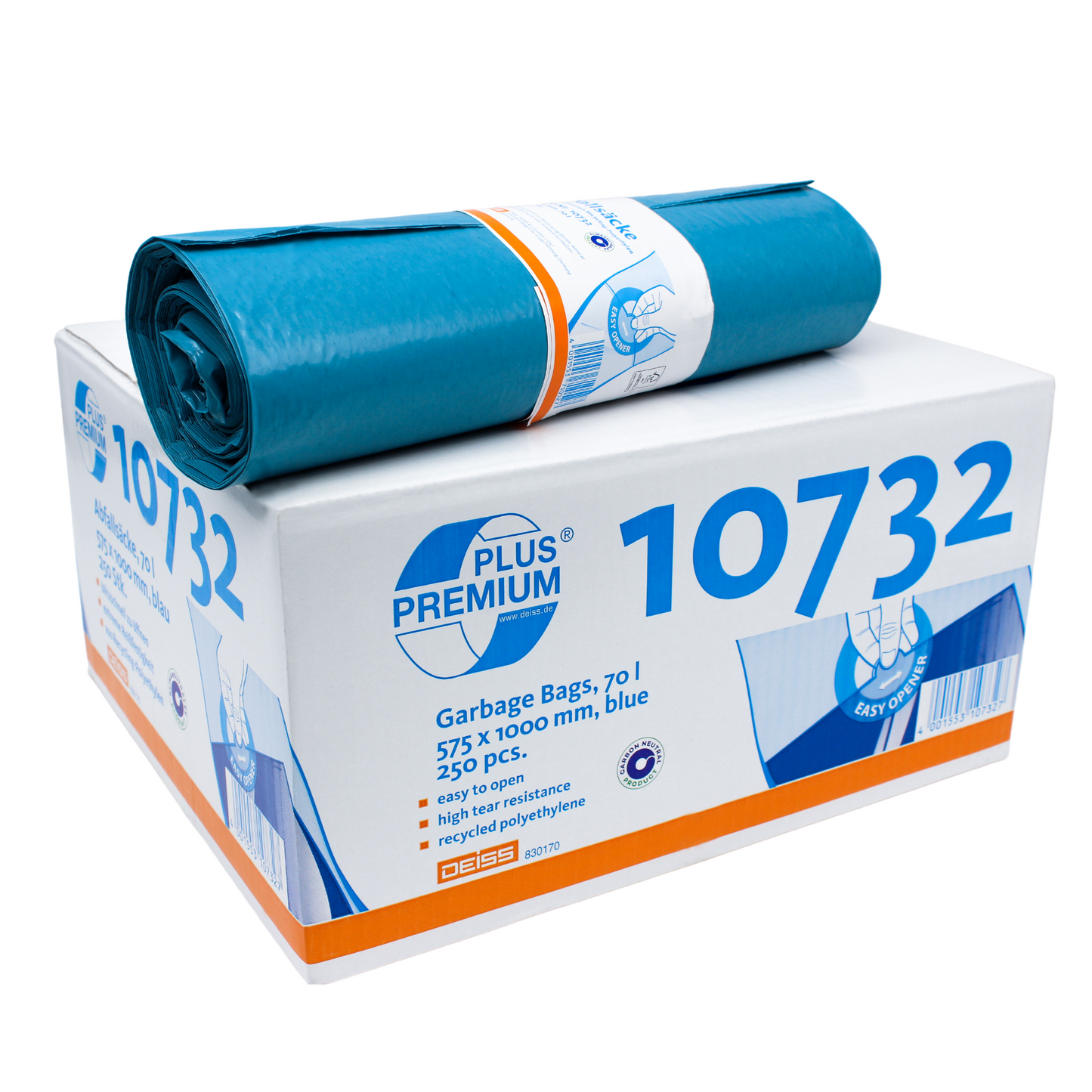 A roll of blue garbage bags lies on a white box with the label "DEISS Premium Plus® 70 Liter Garbage Bag Blue 10732" from EMIL DEISS KG (GmbH + Co.). The box highlights features such as easy opening, high tear resistance, and the use of recycled PE. Inside are 255 climate-neutral 70-liter garbage bags.
