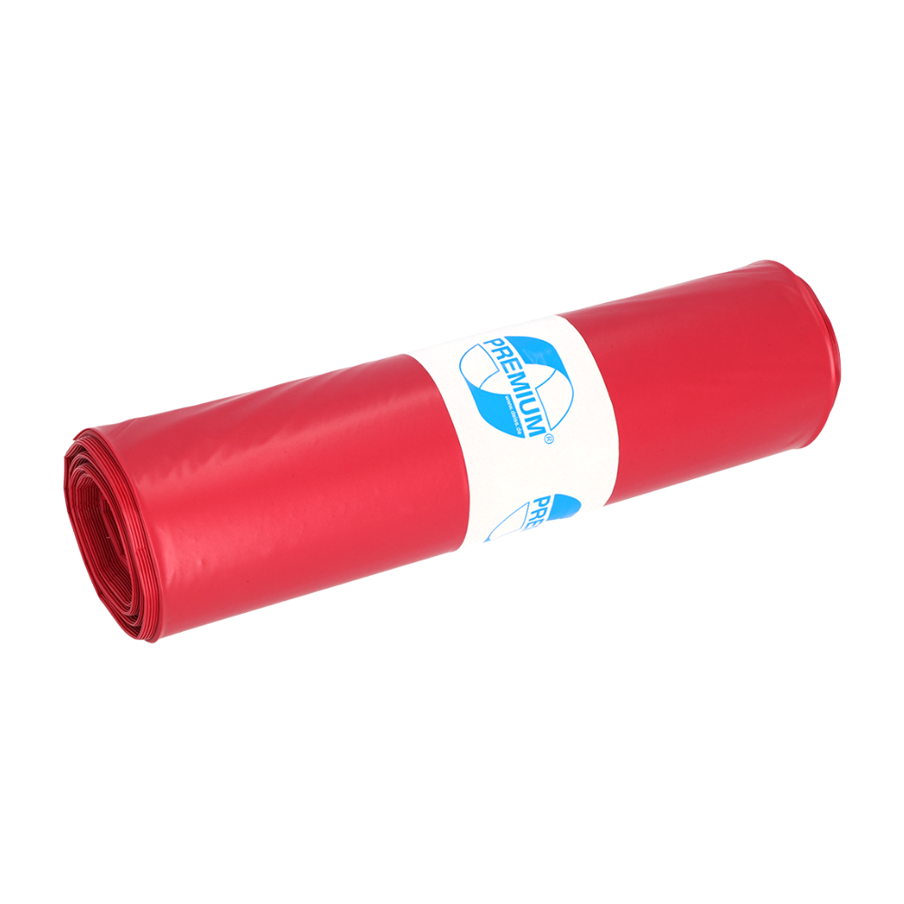 The rolled DEISS trash bag in red features the white label "Premium," indicating its puncture and tear resistance, and is made from high-quality recycled material, ensuring a longer lifespan.