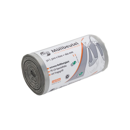 Pictured is a roll of DEISS First Plus Pcr garbage bags 30 liters, 34044 with carrying handles and the inscription "garbage bags." These bags offered by EMIL DEISS KG (GmbH + Co.) are made of LDPE and have a capacity of 30 liters. They are characterized by high tear resistance and measure 500 x 600 + 160 mm. They offer durability and comfort for daily use.