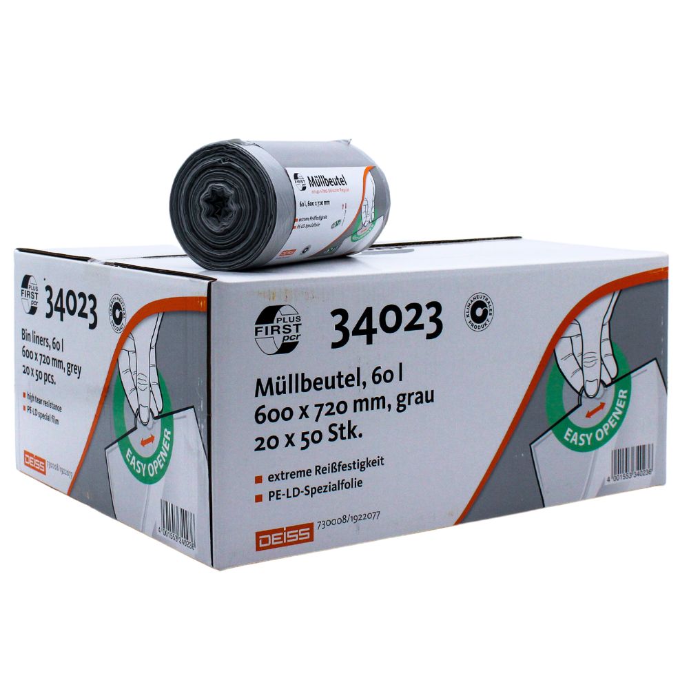 The DEISS First Plus Pcr garbage bags 60 liters (34042) from EMIL DEISS KG (GmbH + Co.) are gray LDPE rolls with a capacity of 60 liters and dimensions of 600 x 720 mm. Each carton contains 20 packages with 50 bags each. The climate-neutral packaging features an "Easy Opener" design and is characterized by extreme tear resistance.